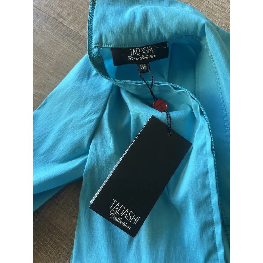 Tadashi Shoji Satin Wrap Blouse Women 6P Evening Cocktail Top Blue Artsy NWT - Picture 4 of 12